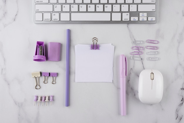 Above view workplace items on marble table