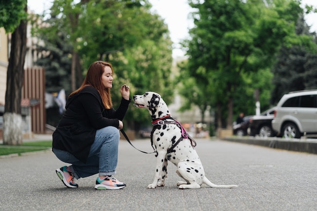 彼女のダルメシアン犬を遊んで訓練している若い白人女性のビュー