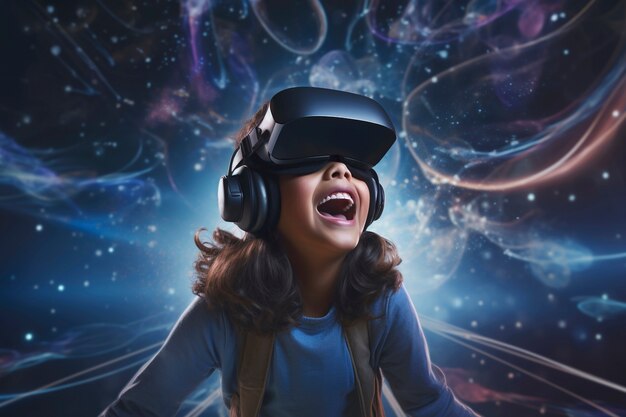VR 안경을 쓴 어린 아이 학생의 모습