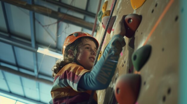 view of young person rock climbing and practicing bouldering training