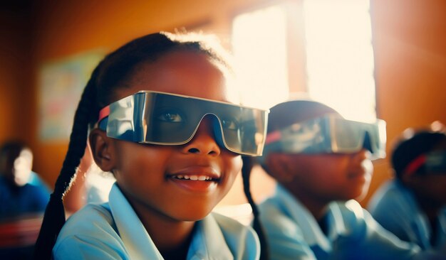 VR 안경 을 착용 한 어린 학생 들 의 모습