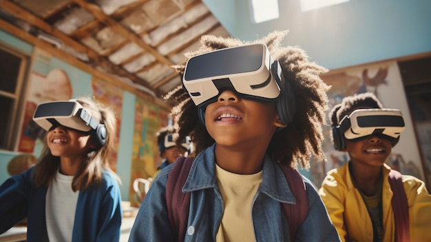 VR 안경 을 착용 한 어린 학생 들 의 모습