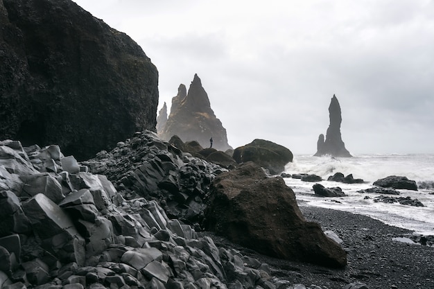 Vik and Basalt Columns, Black Sand Beach in Iceland.