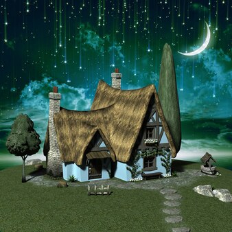 A village against the background of a starry night sky. 3d illustration