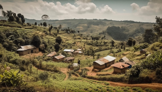 Free photo a village in the mountains with a tree in the foreground