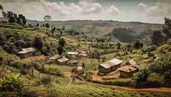 Free photo a village in the mountains with a tree in the foreground