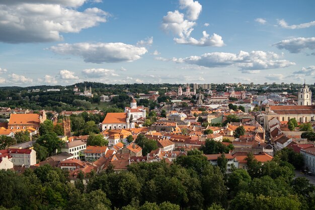 Vilnius city surrounded by buildings and greenery under sunlight and a cloudy sky in Lithuania