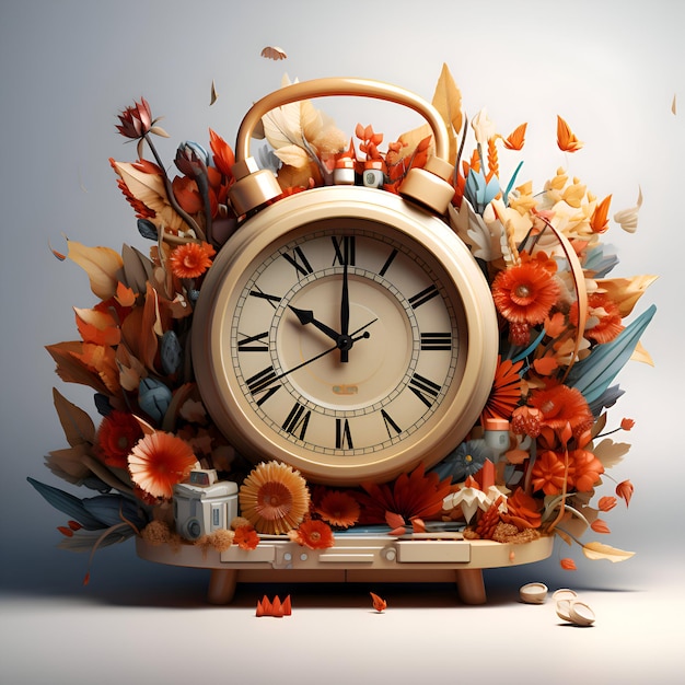 Free photo vintage alarm clock with autumn flowers and leaves 3d illustration