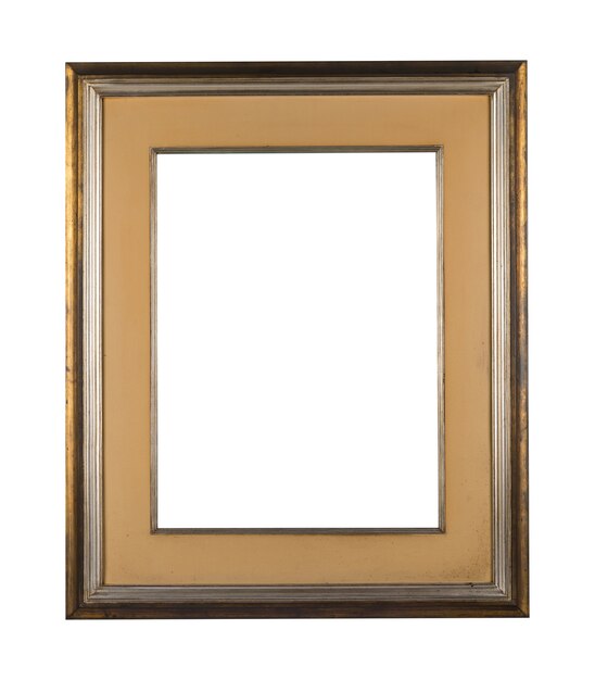 Vintage blank frame with brown wooden borders on a white background