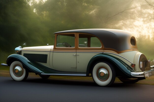 A vintage car from the 1920s is shown in a forest.