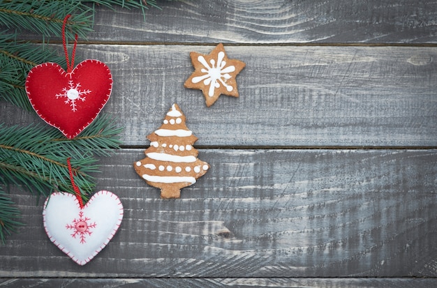 Vintage christmas ornaments on the wood