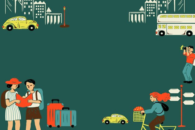 vintage city tour frame with tourist cartoon illustration