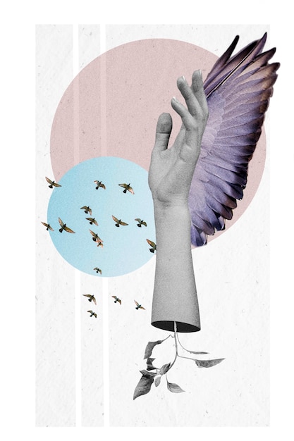 Free photo vintage collage of hand with wings