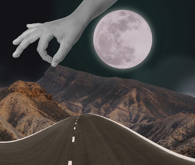 Free photo vintage collage with  road and moon