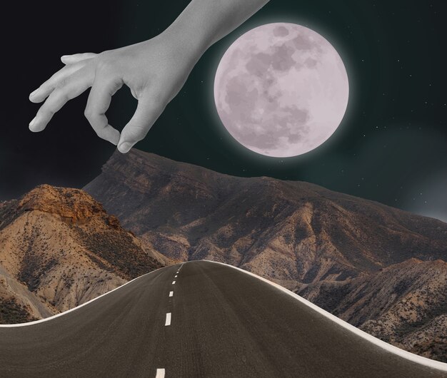 道路と月のビンテージ コラージュ