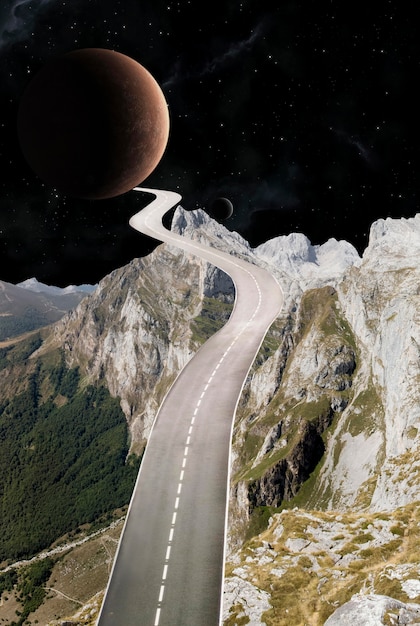 Free photo vintage collage with road and moon