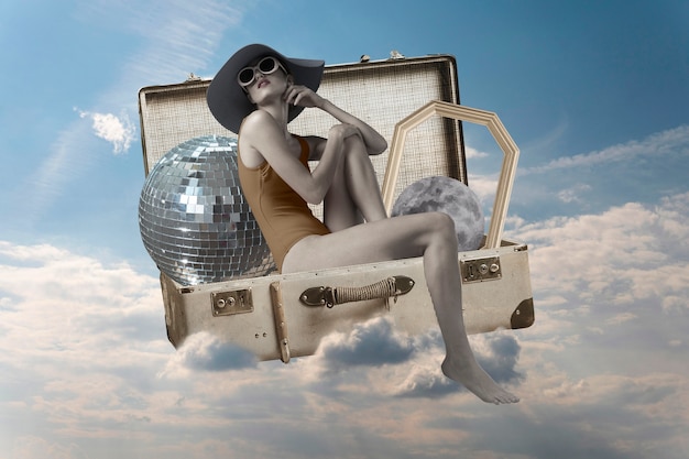 Vintage collage with woman in suitcase