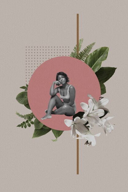 植物や花と女性のヴィンテージコラージュ