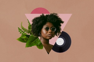 Vintage collage of woman with vinyl disc and plants