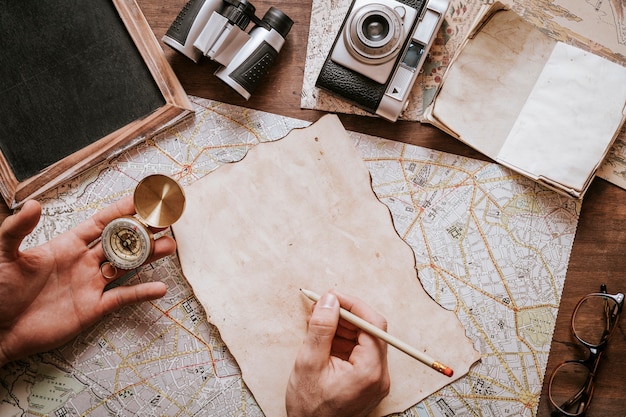 Vintage desk and travel concept