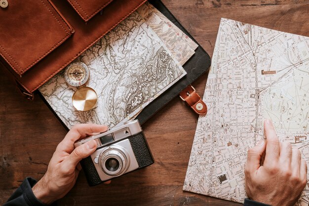 Vintage desk and travel concept