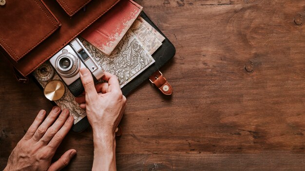 Vintage desk and travel concept