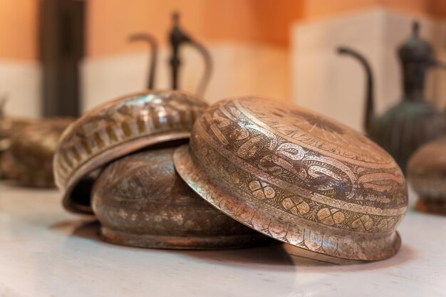 Vintage dishes in hamam museum in Istanbul Turkey