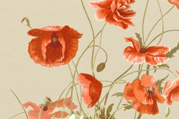 Free photo vintage floral background with poppy illustration, remixed from public domain artworks