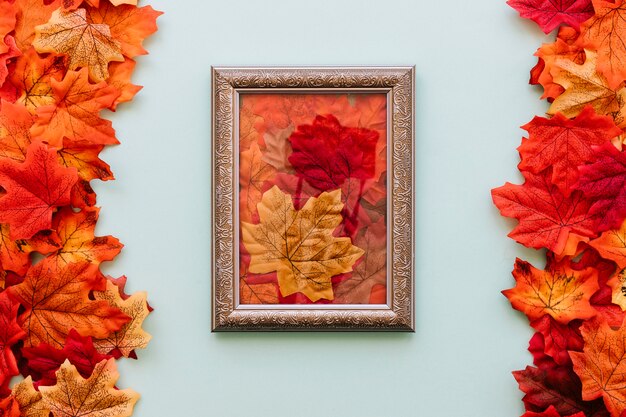 Vintage frame between autumn leaves