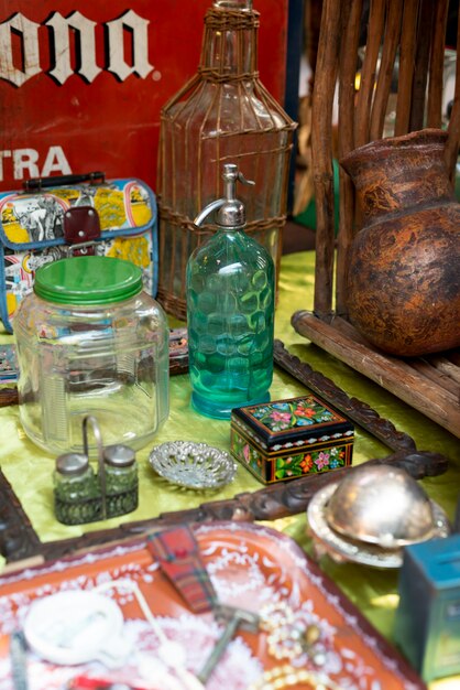 Vintage items at second hand market high angle