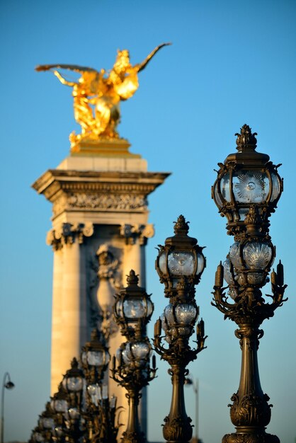 Vintage lamp post on Alexandre III bridge in Paris, France.
