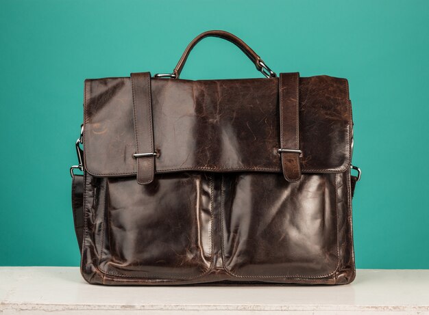 vintage leather briefcase on blue