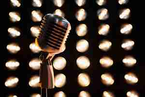 Free photo vintage mic against dark sparkling bokeh backdrop