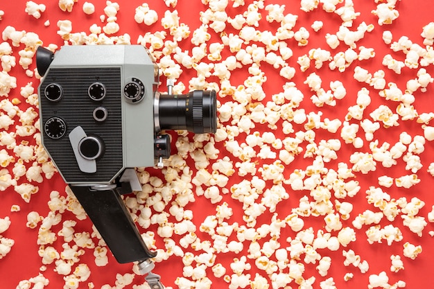 Vintage movie camera with popcorn