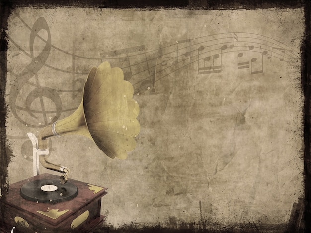 Бесплатное фото Грязные гранж фон со старыми граммофонных и музыкальными нотами