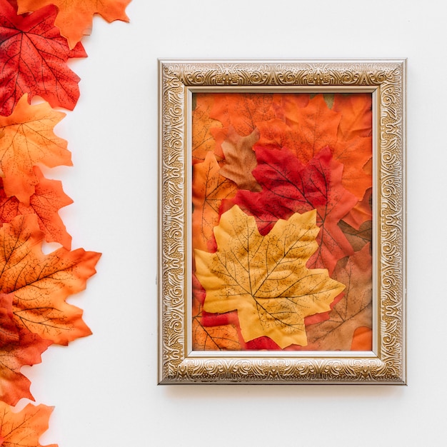 Free photo vintage picture frame with autumn leaves