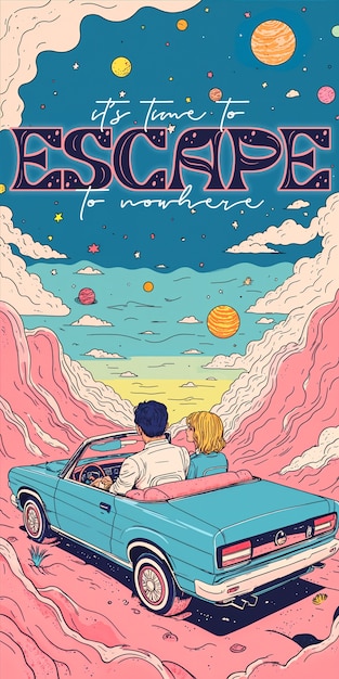 Vintage poster of couple escaping in a car