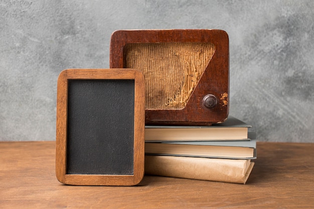 Vintage radio and copy space small blackboard