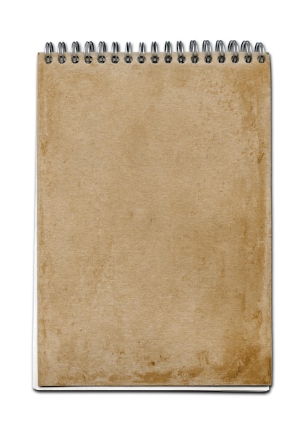 Vintage spiral close notebook, brown paper cover, isolated on white