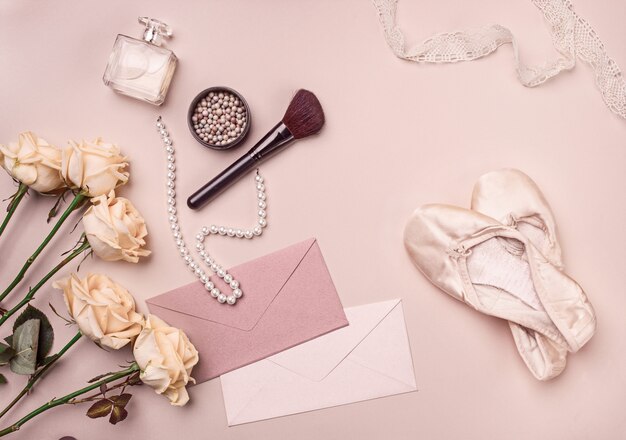 Vintage still Life with roses and Ballet Shoes