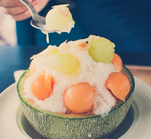 Vintage tone - Ice melon Bingsu, famous korean ice-cream.