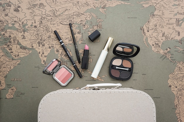 Vintage travel background with beauty accessories