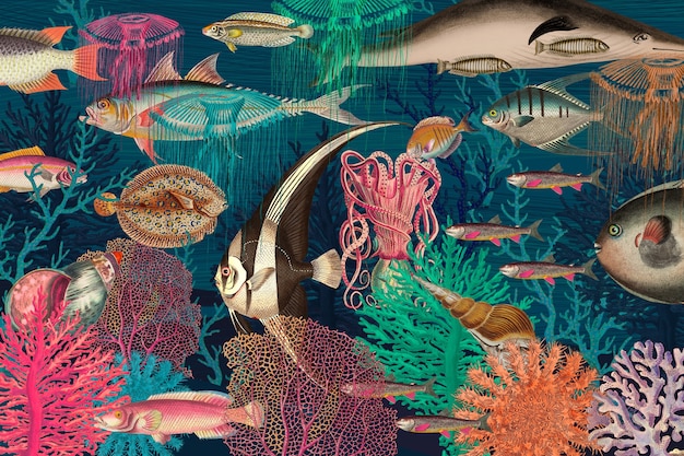 Бесплатное фото Винтажный подводный узор фона, ремикс из произведений искусства из общественного достояния