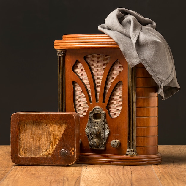 Vintage wooden radios and cloth