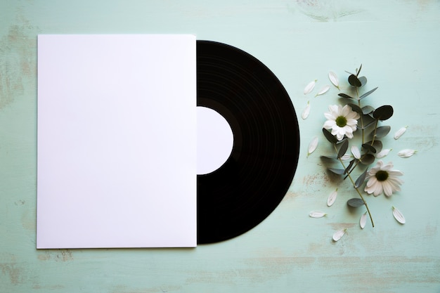 Vinyl and paper mockup next to flower
