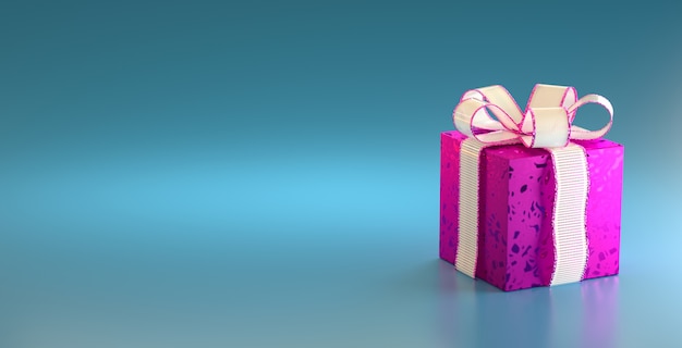 Фиолетовая подарочная коробка с белой лентой на синем фоне с копией пространства для текста