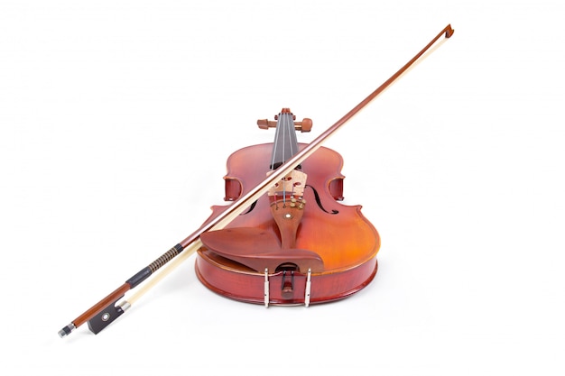 Violin and bow on white background