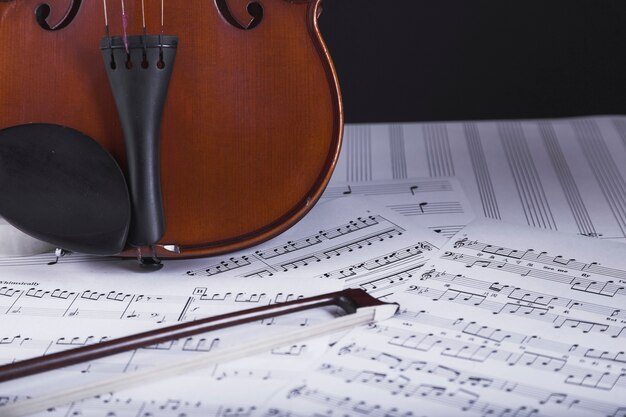 Violin standing on sheet music