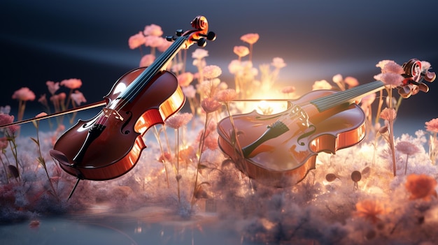 花の花輪の中のヴァイオリン