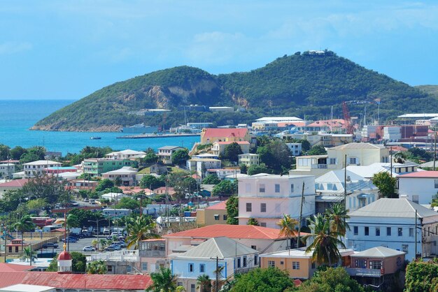 Virgin Islands St Thomas harbor view with islands building and mountain